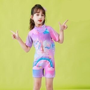 Young girls wearing purple and pink gradient kids swimming suit with unicorn and rainbow cartoon print