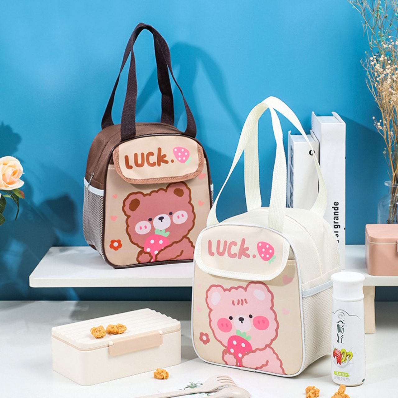 Oxford Fabric Insulated Lunch Bag with Handle | Cartoon Printed | 2 Compartment | Zip Closure | 20*14*23 Cm | Assorted Colors | OPP Packing - Image 2