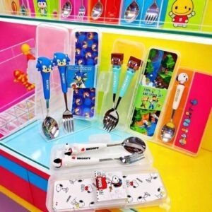 Stainless Steel Spoon & Fork Set for Kids | Cartoon Printed | Soft Grip Handle | 2 Piece Set | Assorted Colors | Plastic Box Packing