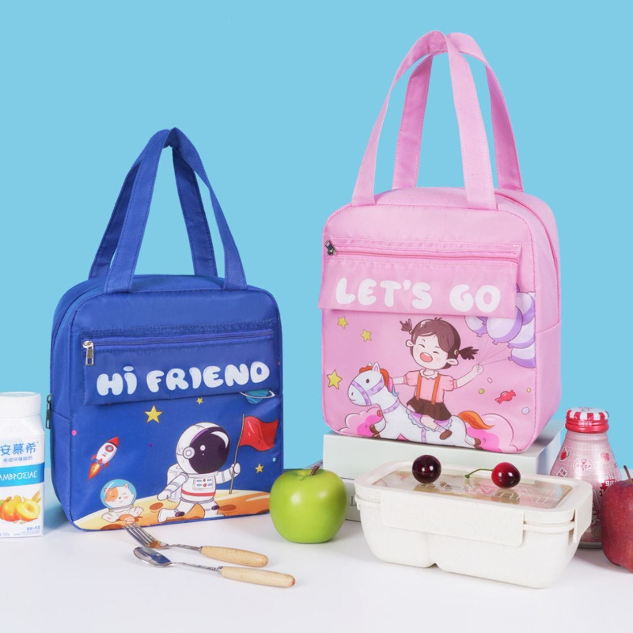 Cartoon Printed Portable Insulated Lunch Bag with Handle | Oxford fabric | Zip Closure | 22*11*24 Cm | Assorted Colors | OPP Packing