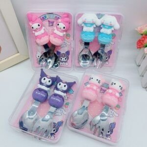 Stainless Steel Kawaii Spoon & Fork Set for Kids | Cute Cartoon Printed | Soft Grip Handle | 2 Piece Set | Assorted Colors | Plastic Box Packing