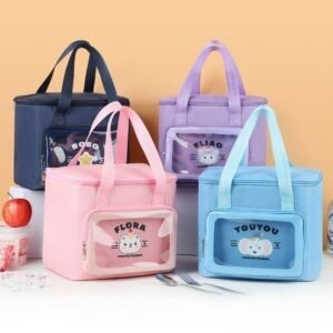 Oxford Portable Insulated Lunch Bag with Handle | 2 Compartment | Washable | Zip Closure | 21*17*24 Cm | Assorted Colors | OPP Packing