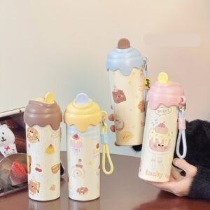 Stainless Steel Thermos Tumbler with Carry Band | Double wall Insulation | Ice-Cream Theme | Portable & Leakproof | Printed | 600 ML | Assorted Colors | Box Packing