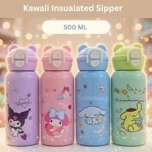 Collection of four Kawaii insulated sipper bottles featuring Kuromi, My Melody, Cinnamoroll, and Pompompurin designs with 500ml capacity.