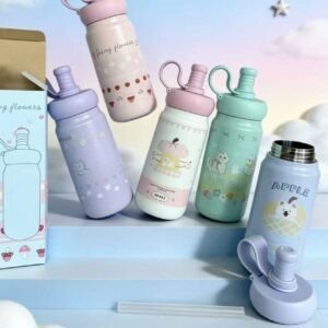 Stainless Steel Insulated Sipper Bottle with Straw | Double Wall | Cartoon Printed | Compact & Leakproof | 500 ML | Assorted Colors | Box Packing