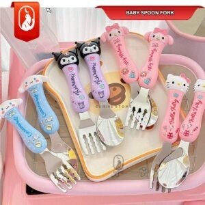 Sanrio themed baby spoon and fork set featuring Hello Kitty, My Melody, Kuromi and Cinnamoroll characters with soft grip handles.