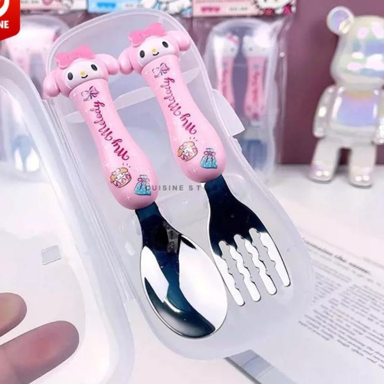 Stainless Steel Kawaii Spoon & Fork Set | Cartoon Printed | Soft Grip Handle | Gift Set | 2 Pcs Set | Assorted Colors | Plastic Box Packing - Image 3