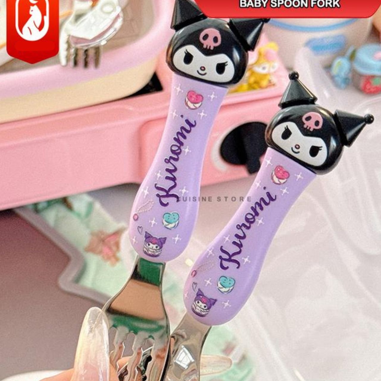 Purple Kuromi themed baby spoon and fork set with soft-grip handles and stainless steel tips.