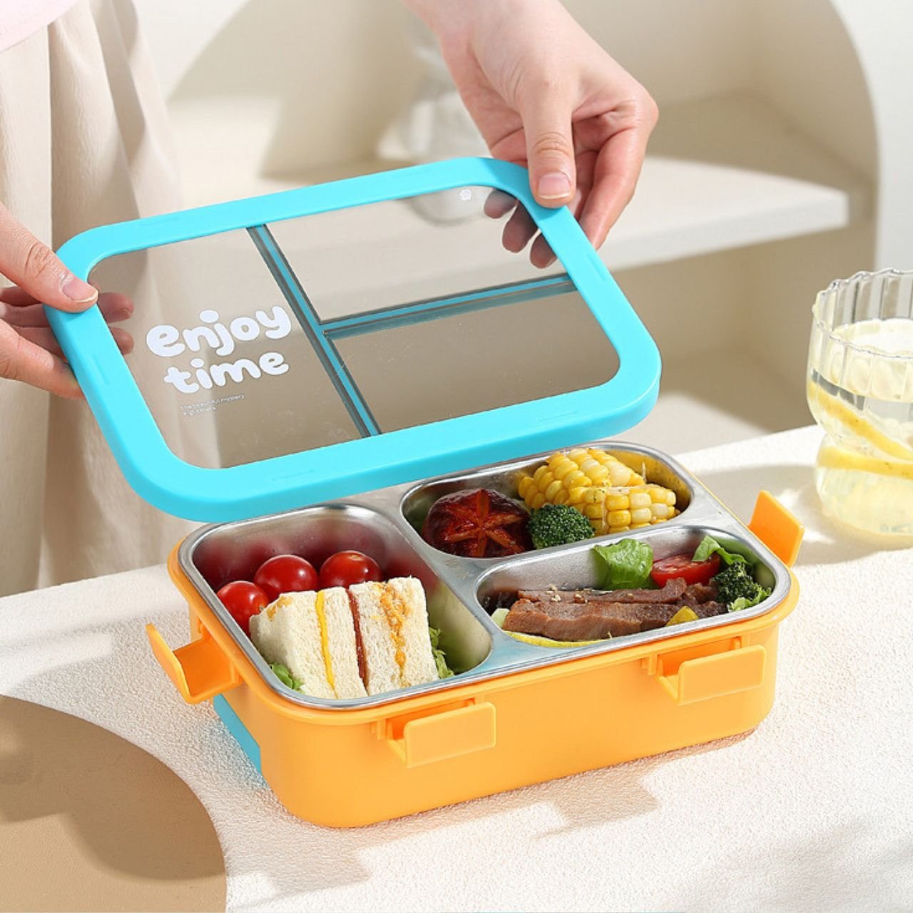 Stainless Steel Lunch Box with Cutlery Set | 3 Compartment | Portable & Leakproof | Insulated | 700 ML | Assorted Colors | Box Packing - Image 2