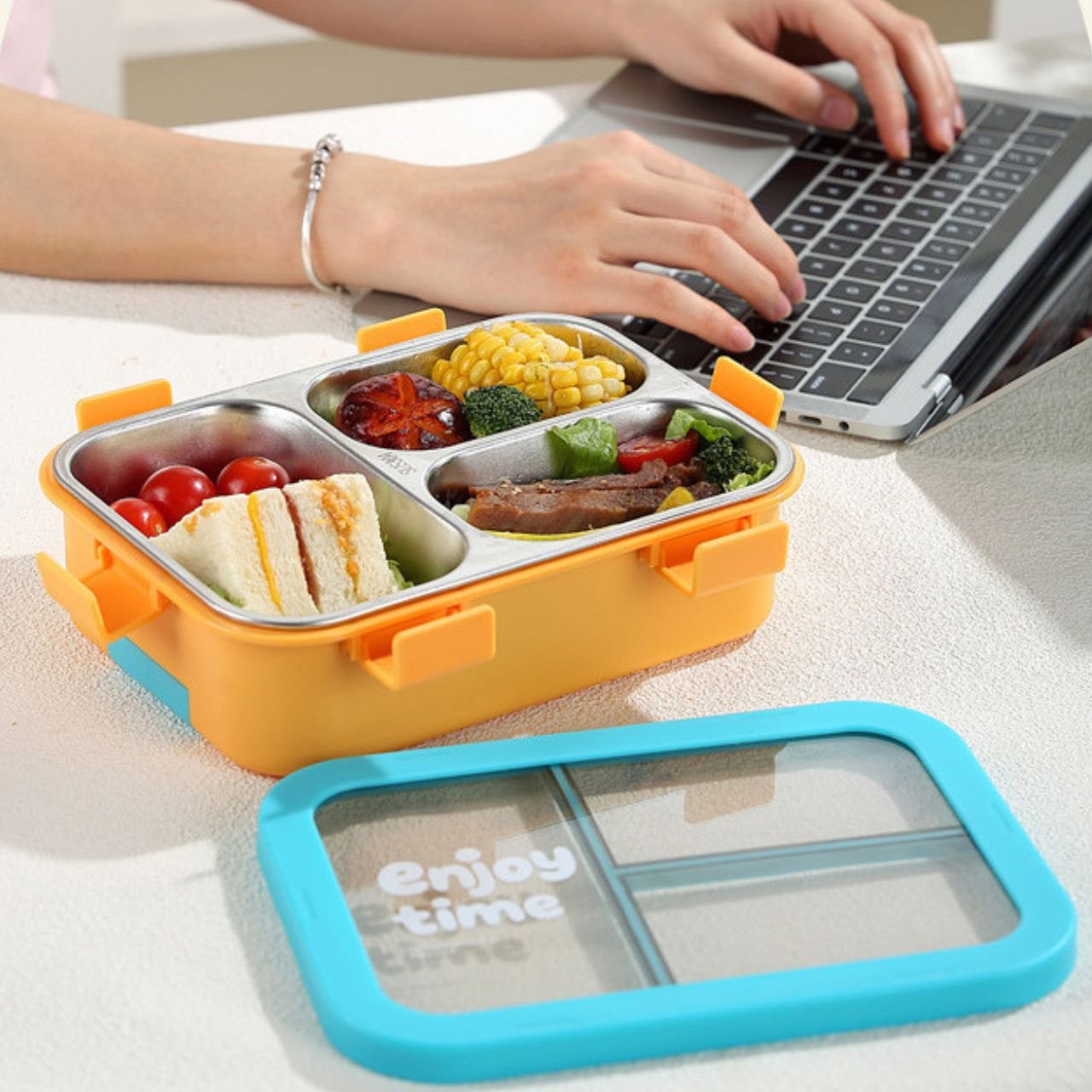 Stainless Steel Lunch Box with Cutlery Set | 3 Compartment | Portable & Leakproof | Insulated | 700 ML | Assorted Colors | Box Packing - Image 3
