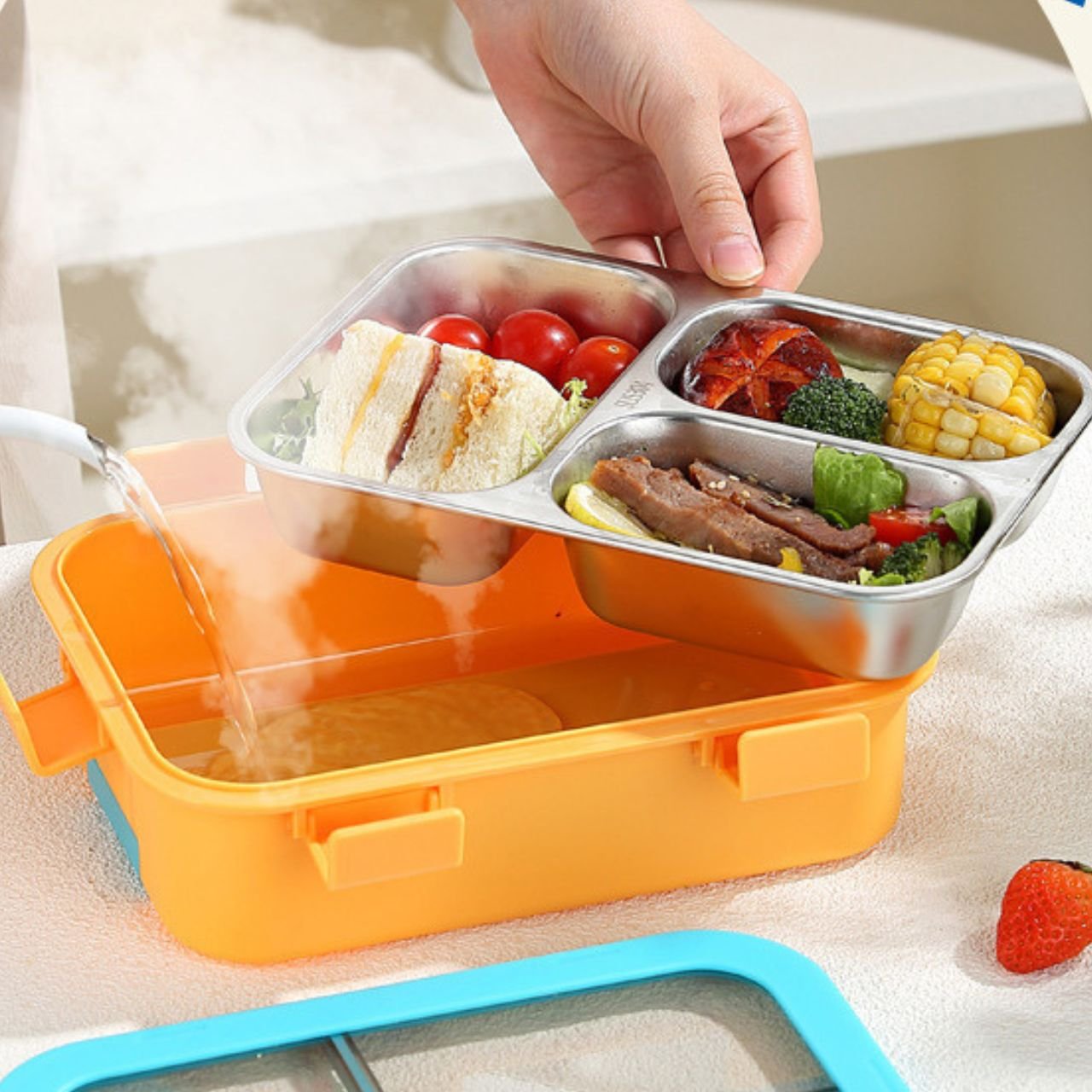 Stainless Steel Lunch Box with Cutlery Set | 3 Compartment | Portable & Leakproof | Insulated | 700 ML | Assorted Colors | Box Packing - Image 4