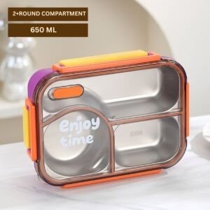 Stainless Steel Lunch Box with Cutlery | 2+Round Compartment | Portable & Leakproof | Insulated | 650 ML | Assorted Colors | Box Packing