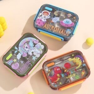 Stainless Steel Printed Lunch Box with Cutlery | 2+Round Compartment | Portable & Leakproof | Insulated | 650 ML | Assorted Prints | Box Packing