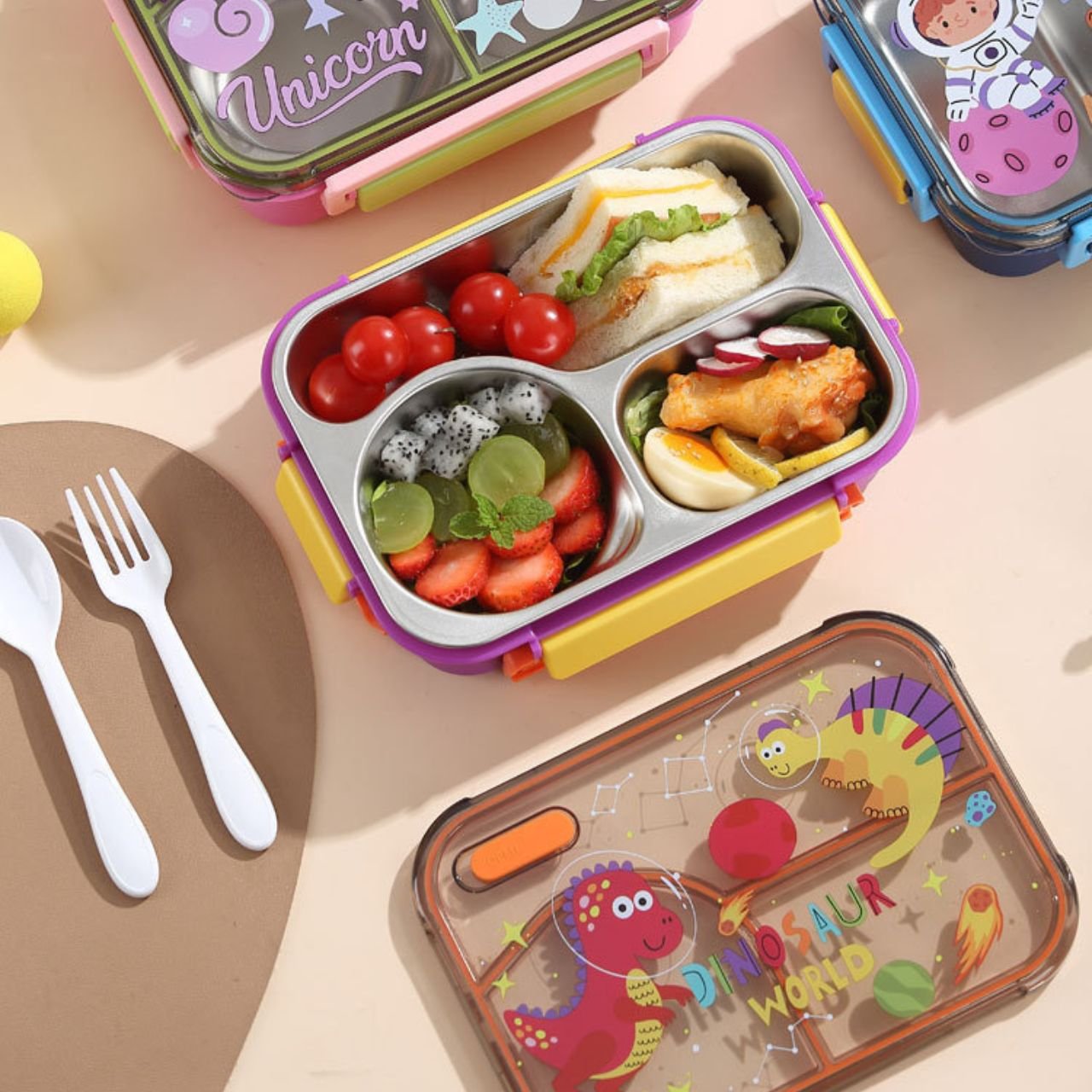 Stainless Steel Printed Lunch Box with Cutlery | 2+Round Compartment | Portable & Leakproof | Insulated | 650 ML | Assorted Prints | Box Packing - Image 4