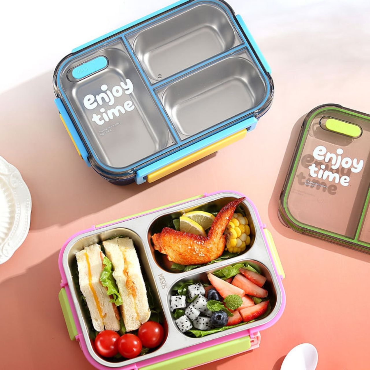 Stainless Steel Lunch Box with Cutlery Set | 3 Compartment | Portable & Leakproof | Insulated | 700 ML | Assorted Colors | Box Packing - Image 3