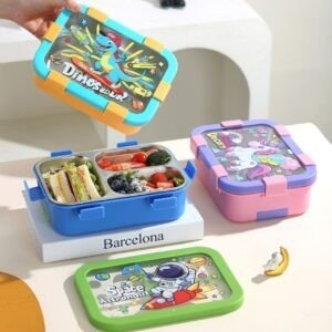Stainless Steel Cartoon Printed Lunch Box with Cutlery | Portable & Leakproof | Insulated | 3 Compartment | 700 ML | Assorted Prints | Box Packing