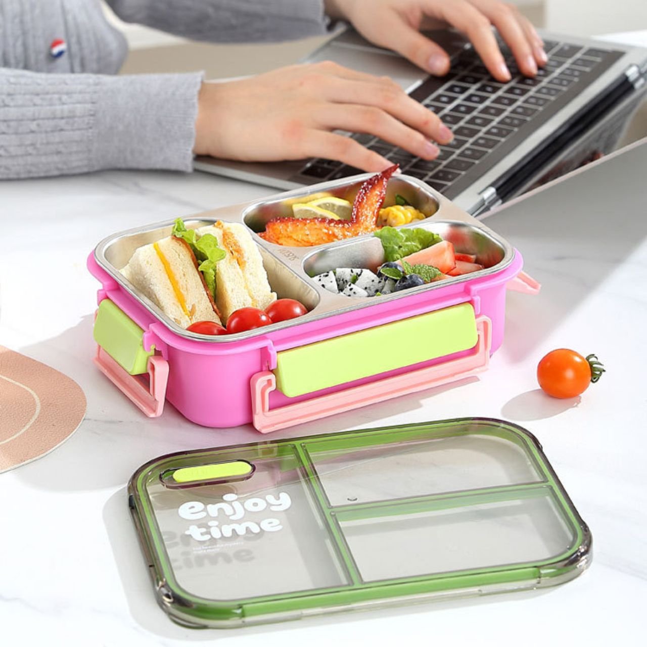 Stainless Steel Lunch Box with Cutlery Set | 3 Compartment | Portable & Leakproof | Insulated | 700 ML | Assorted Colors | Box Packing - Image 4