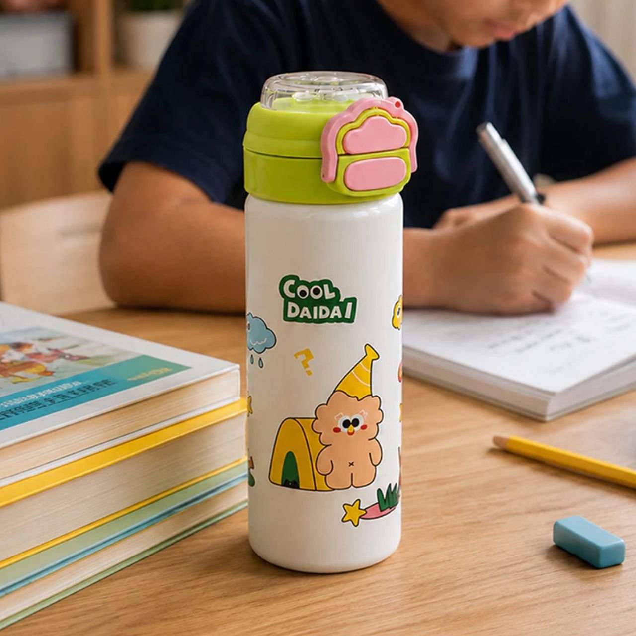 Stainless Steel Kawaii Bottle for kids | Double wall Insulation | Dual Sip & Printed | Push Lock Button | Portable & Leakproof | 500 ML | Assorted Prints | Box Packing - Image 2