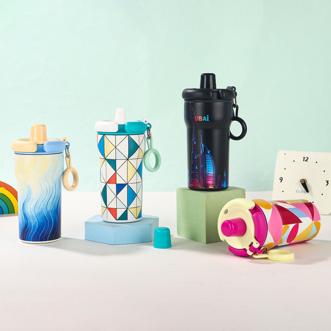 Stainless Steel Coffee Sipper with Straw & Carry Band | Double Wall Insulation | Printed | Portable & Leakproof | 450 ML | Assorted Prints | Box Packing