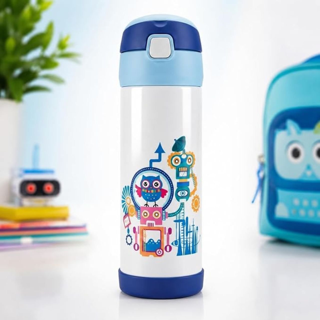 Stainless Steel Water Bottle for kids with Carry Band | Double wall Insulation | Portable & Leakproof | Printed | 350 ML | Assorted Colors | Box Packing