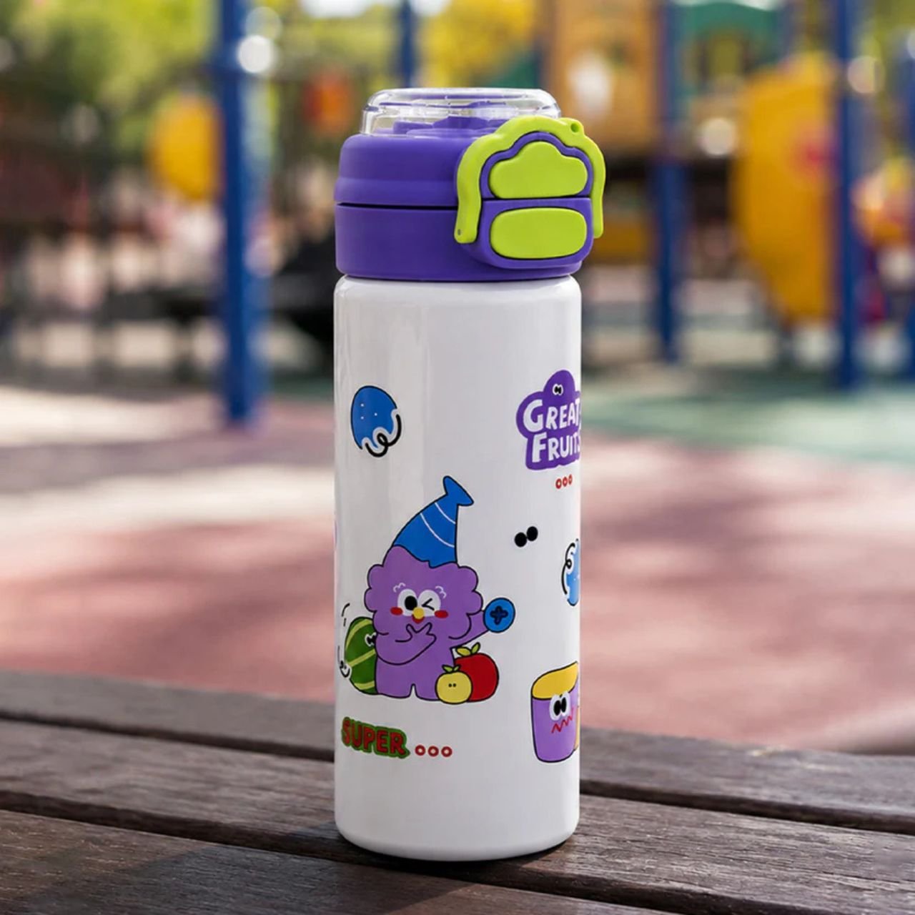 Stainless Steel Kawaii Bottle for kids | Double wall Insulation | Dual Sip & Printed | Push Lock Button | Portable & Leakproof | 500 ML | Assorted Prints | Box Packing - Image 3
