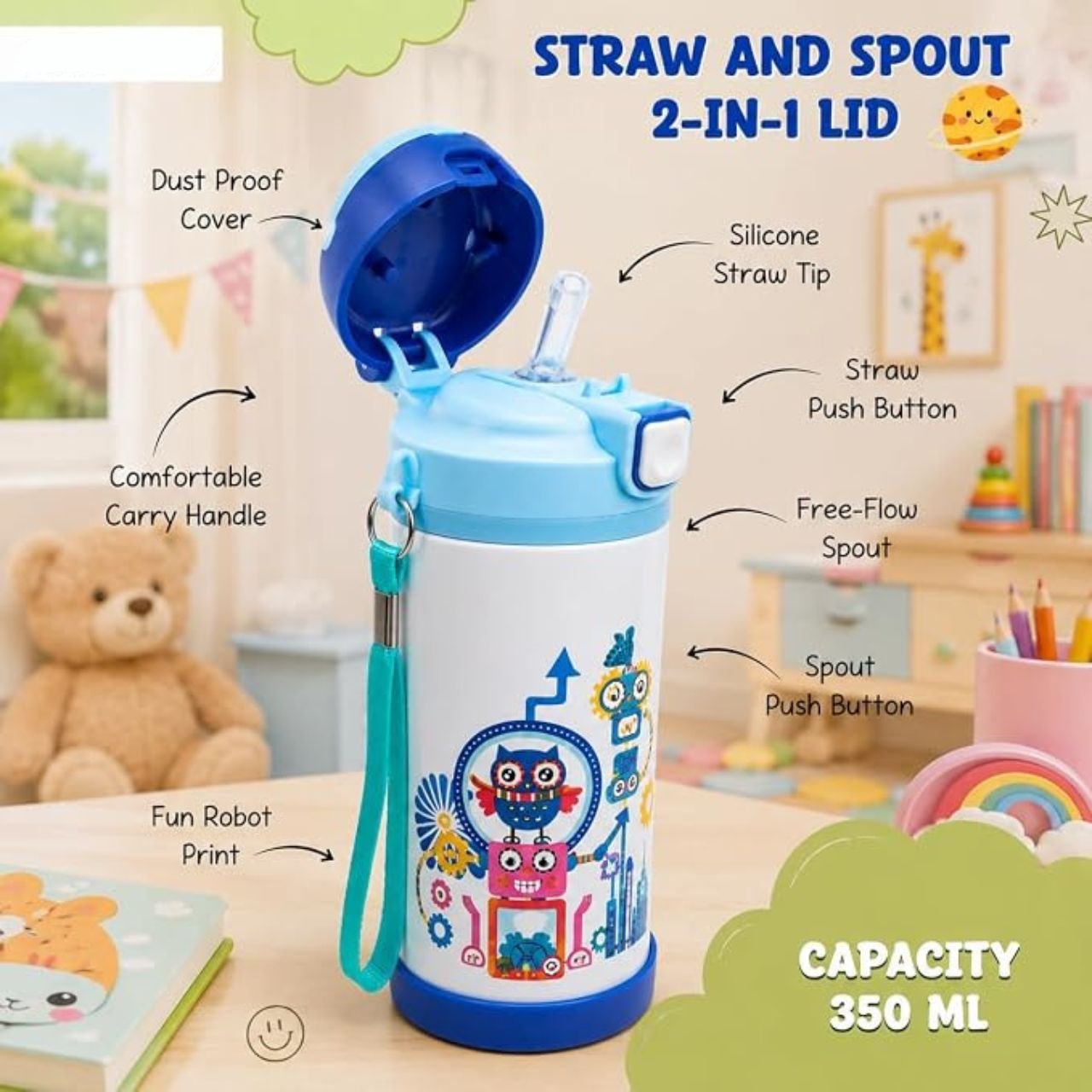 Stainless Steel Water Bottle for kids with Carry Band | Double wall Insulation | Portable & Leakproof | Printed | 350 ML | Assorted Colors | Box Packing - Image 2