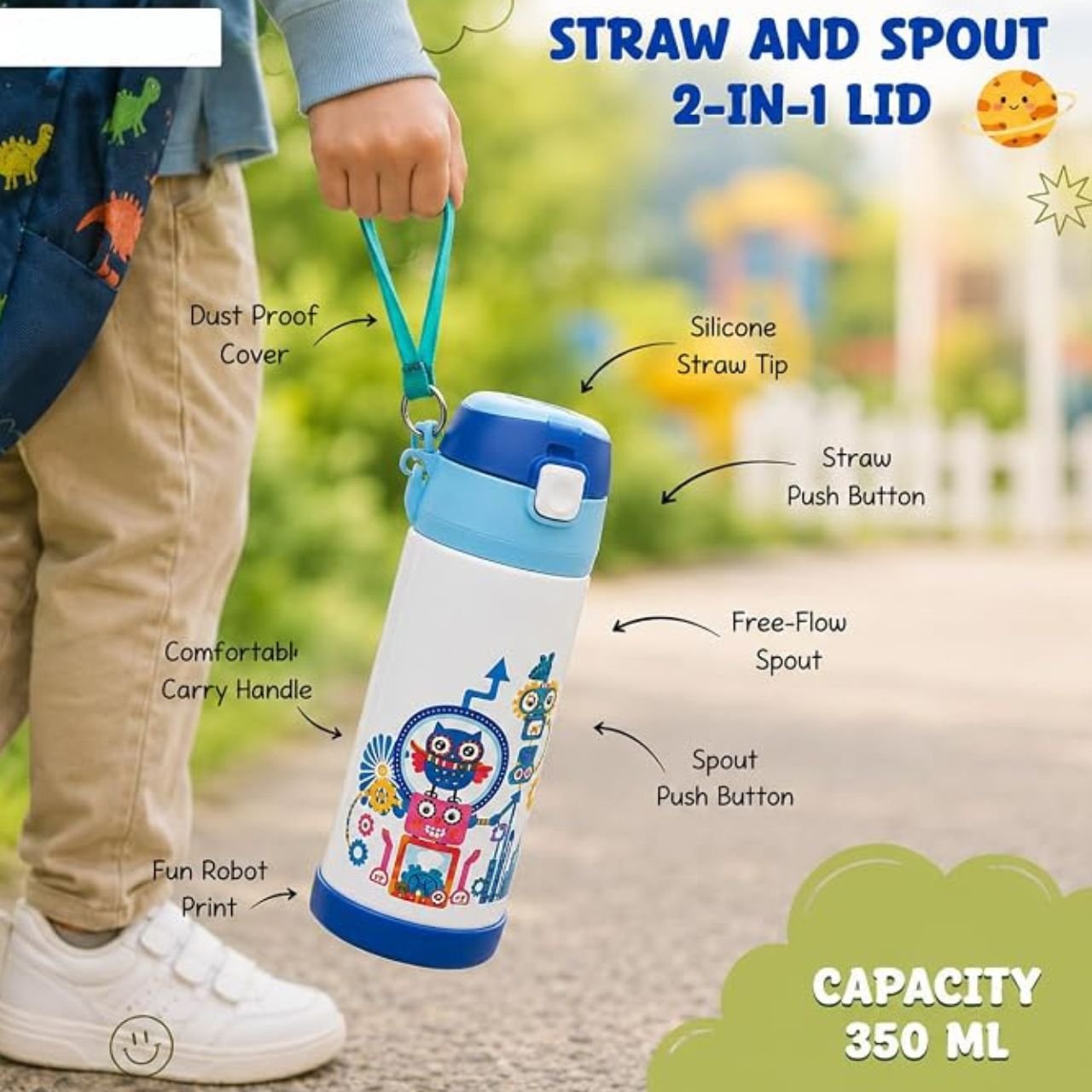 Stainless Steel Water Bottle for kids with Carry Band | Double wall Insulation | Portable & Leakproof | Printed | 350 ML | Assorted Colors | Box Packing - Image 3