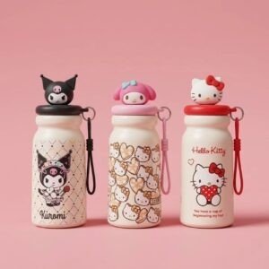 Stainless Steel Insulated Kawaii Bottle for kids with Carry Strap | Cartoon Print & Character Head | Portable & Leakproof | 500 ML | Assorted Colors | Box Packing