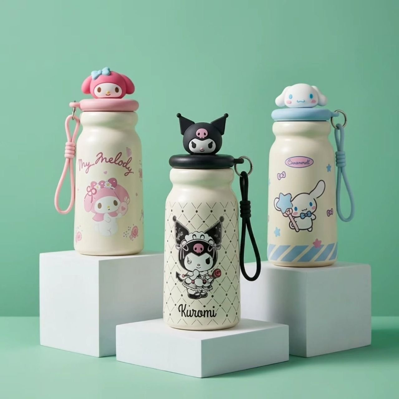 Stainless Steel Insulated Kawaii Bottle for kids with Carry Strap | Cartoon Print & Character Head | Portable & Leakproof | 500 ML | Assorted Colors | Box Packing - Image 2