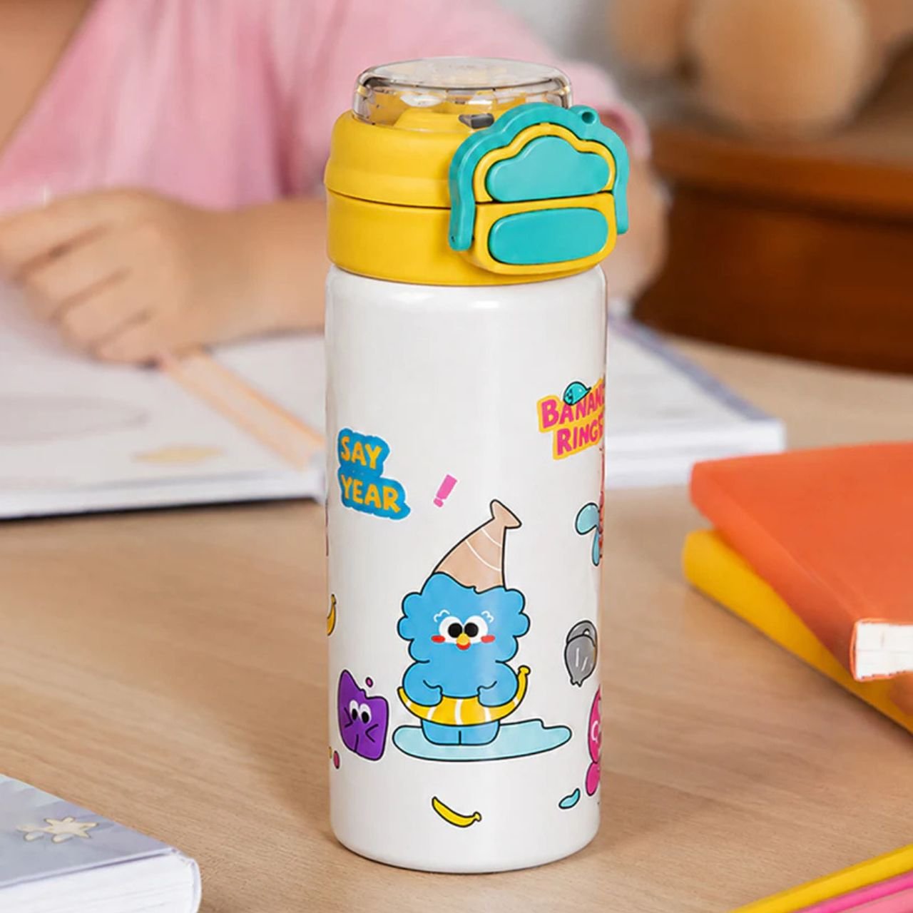 Stainless Steel Kawaii Bottle for kids | Double wall Insulation | Dual Sip & Printed | Push Lock Button | Portable & Leakproof | 500 ML | Assorted Prints | Box Packing