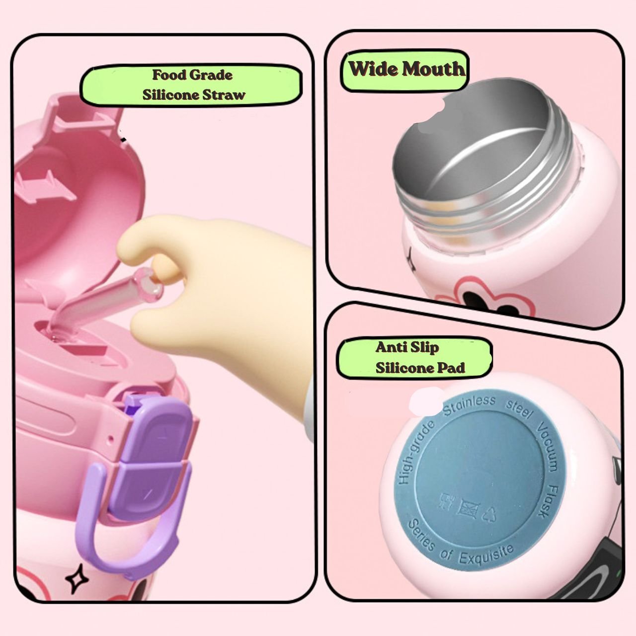 Stainless Steel Insulated Kawaii Sipper for Kids | Cartoon Print | Portable & Leakproof | Dual Sipper | 550 ML | Assorted Colors | Box Packing - Image 5