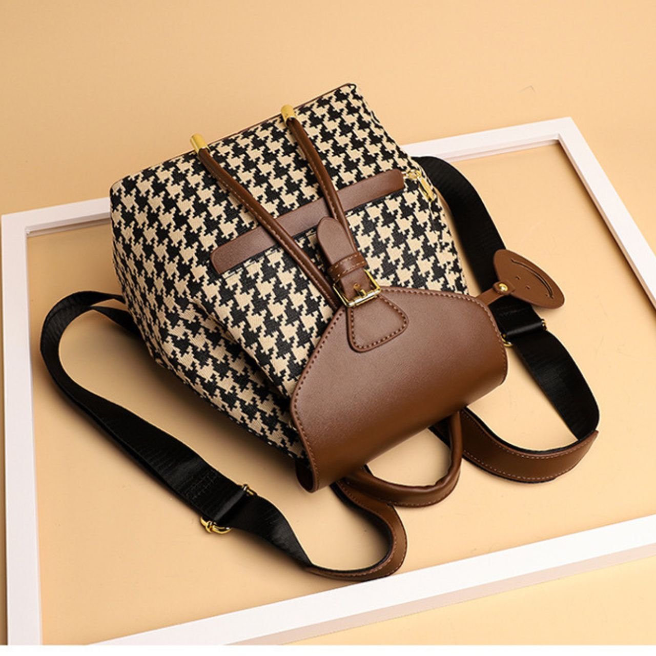 Houndstooth Canvas Ladies Backpack with Leather Trim | 2 Pocket | Adjustable Shoulder Strap | 21x13x25 Cm | Assorted Colors | OPP Packing - Image 3