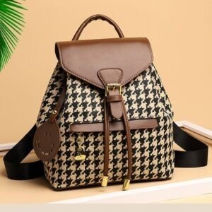 Houndstooth Canvas Ladies Backpack with Leather Trim | 2 Pocket | Adjustable Shoulder Strap | 21x13x25 Cm | Assorted Colors | OPP Packing