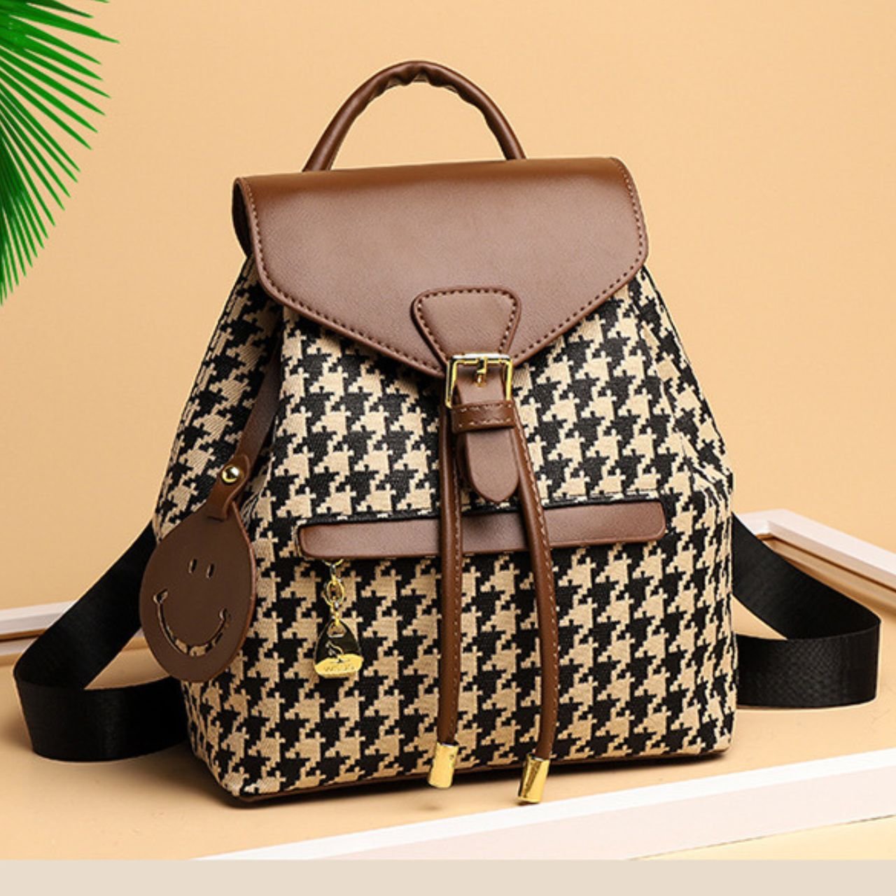 Houndstooth Canvas Ladies Backpack with Leather Trim | 2 Pocket | Adjustable Shoulder Strap | 21x13x25 Cm | Assorted Colors | OPP Packing