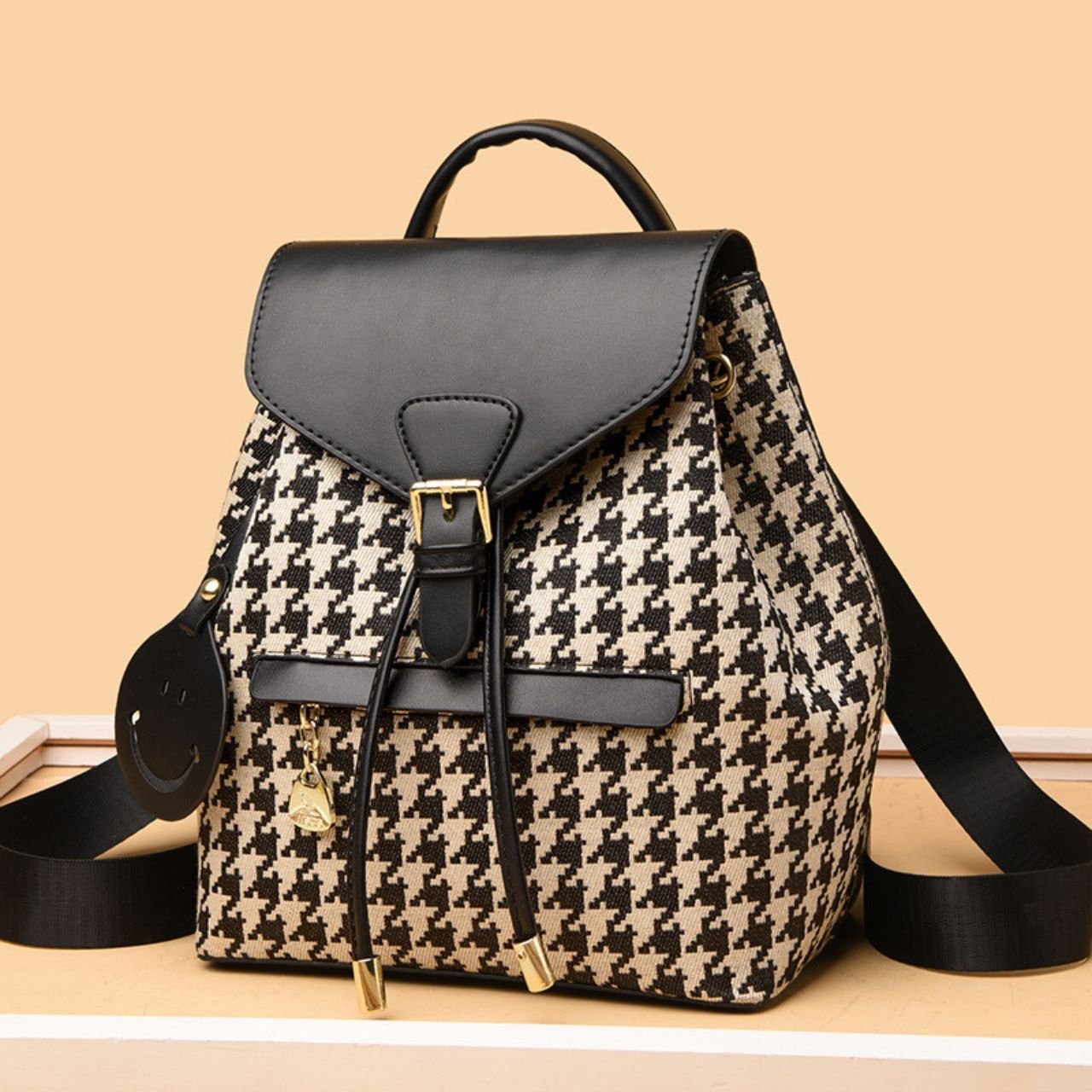 Houndstooth Canvas Ladies Backpack with Leather Trim | 2 Pocket | Adjustable Shoulder Strap | 21x13x25 Cm | Assorted Colors | OPP Packing - Image 2