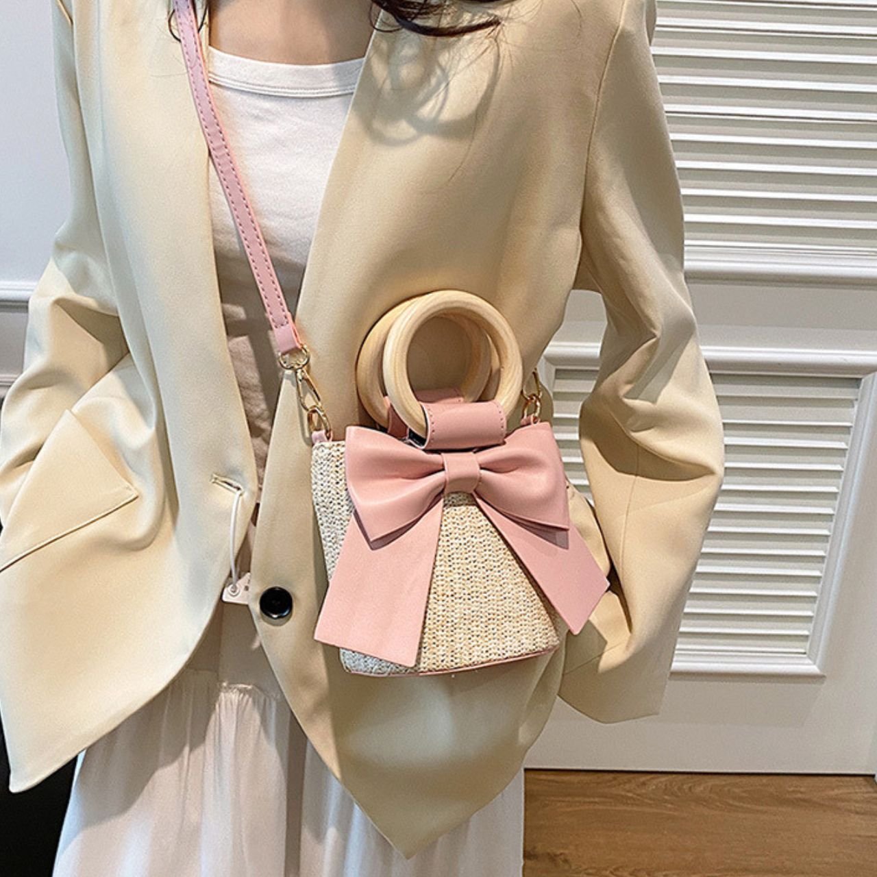 Premium Woven Straw Handbag With Large Bow | Wooden Round Handle & Adjustable Shoulder Strap | Zip Closure | 15x11x15 Cm | Assorted Colors | OPP Packing - Image 4