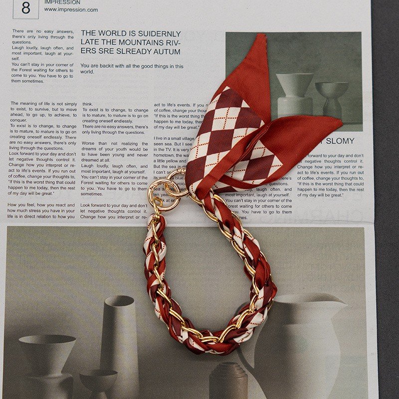 Premium Braided Silk Scarf Keychain Wristlet with Gold Chain | Fashion Handbag Mobile Phone Charm Card OPP Packing - Image 7