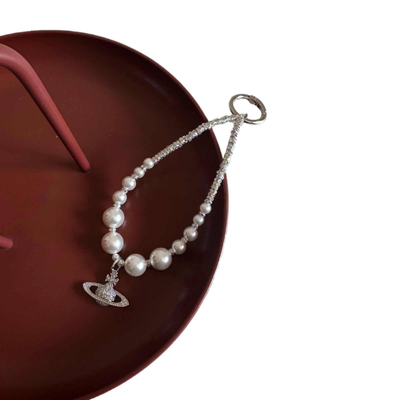 Elegant Pearl Beaded Mobile Phone Charm with Crystal Planet Pendant Card OPP Packing - Image 2