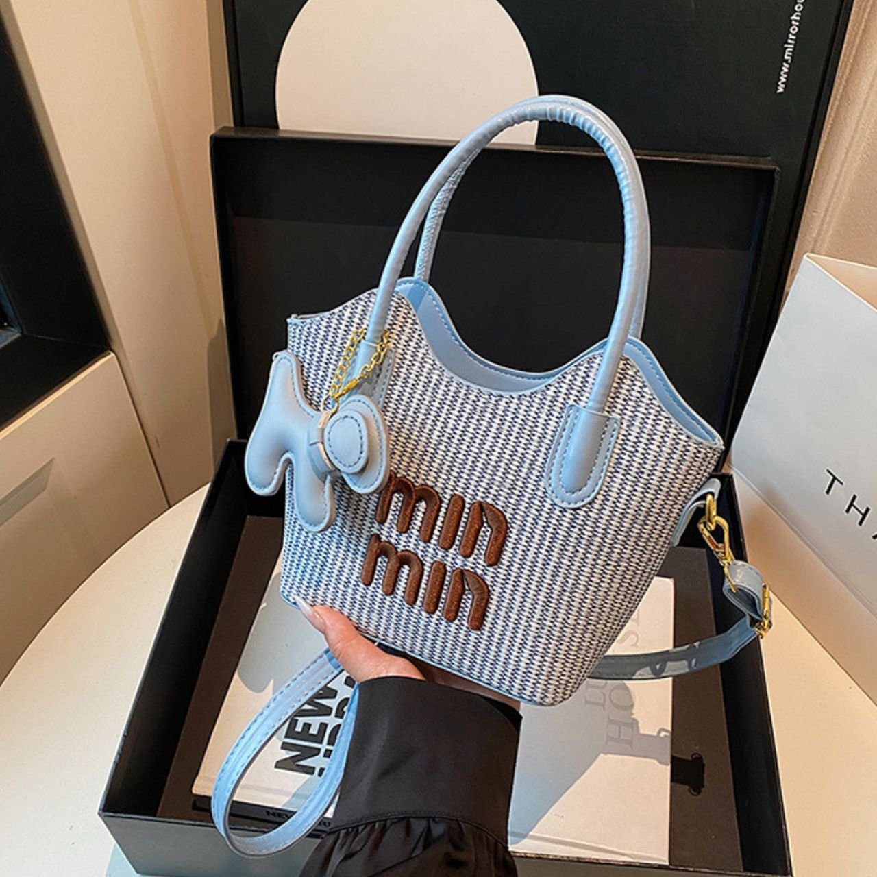 PU Leather Ladies Woven Handbag with Sling | Embroidered Letter Design | Top Handle | Zip Closure | Assorted Colors | OPP Packing - Image 2