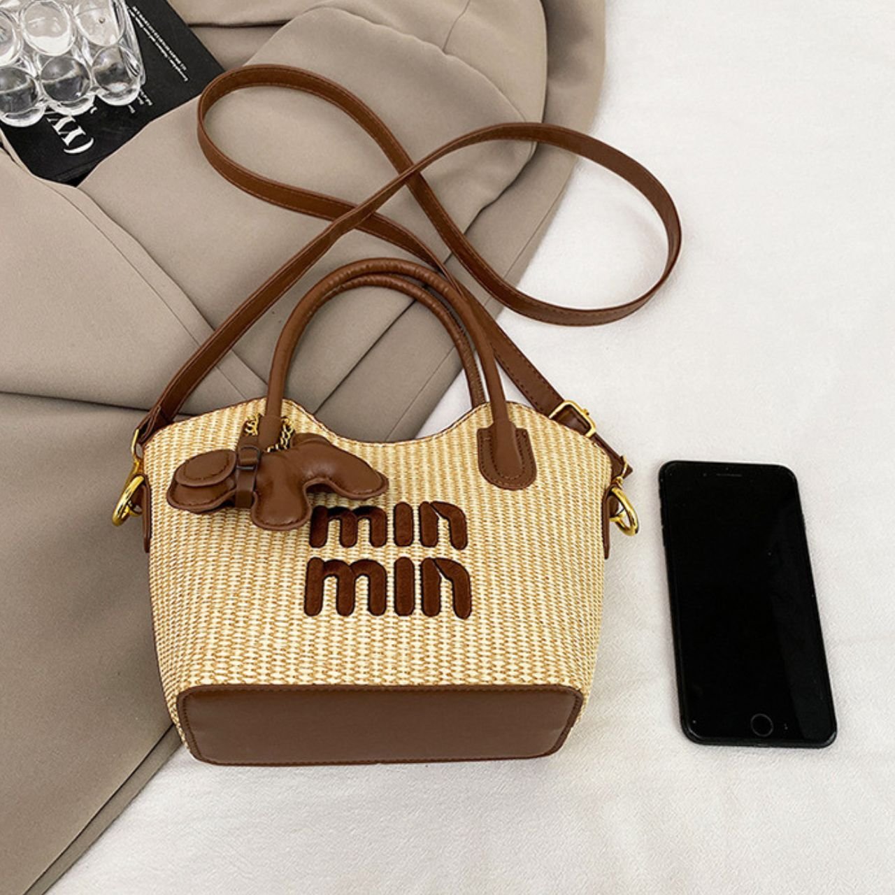 PU Leather Ladies Woven Handbag with Sling | Embroidered Letter Design | Top Handle | Zip Closure | Assorted Colors | OPP Packing - Image 4
