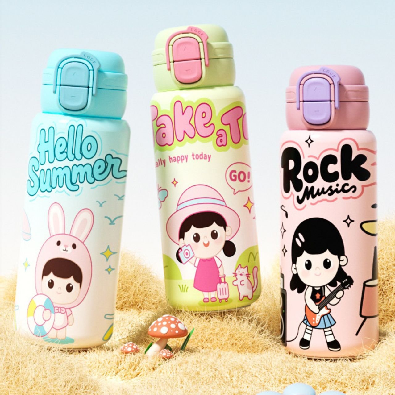 Stainless Steel Insulated Kawaii Sipper for Kids | Cartoon Print | Portable & Leakproof | Dual Sipper | 550 ML | Assorted Colors | Box Packing