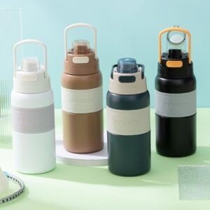 Stainless Steel Insulated Bottle with Handle | Portable & Leakproof | Silicone Sleeve | Push Lock Button | 600 ML | Assorted Colors | Box Packing