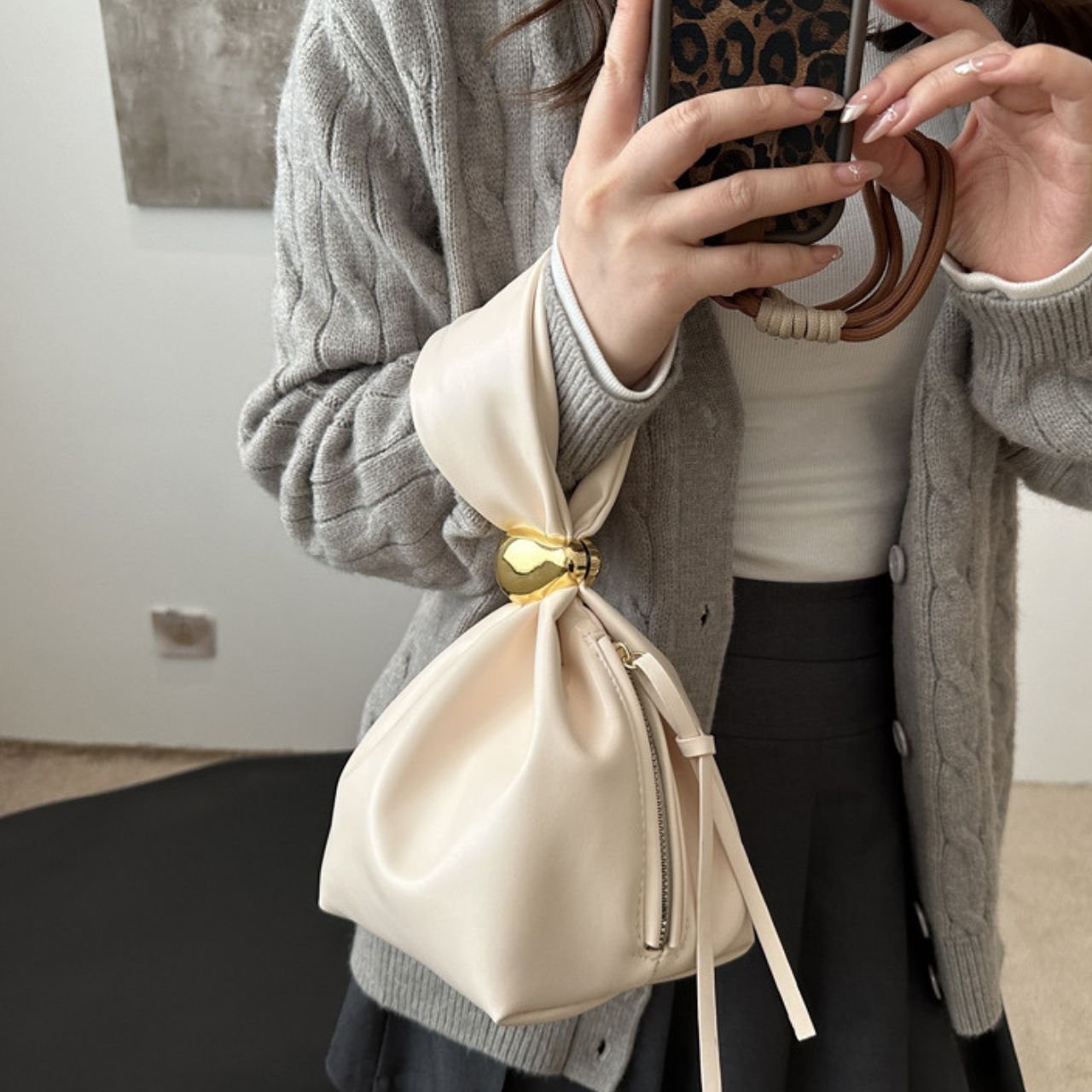 PU Leather Knot Handbag for Ladies | Soft Plated Design | Gold Accent | Zip Closure | 16x17x13 Cm | Assorted Colors | OPP Packing - Image 6