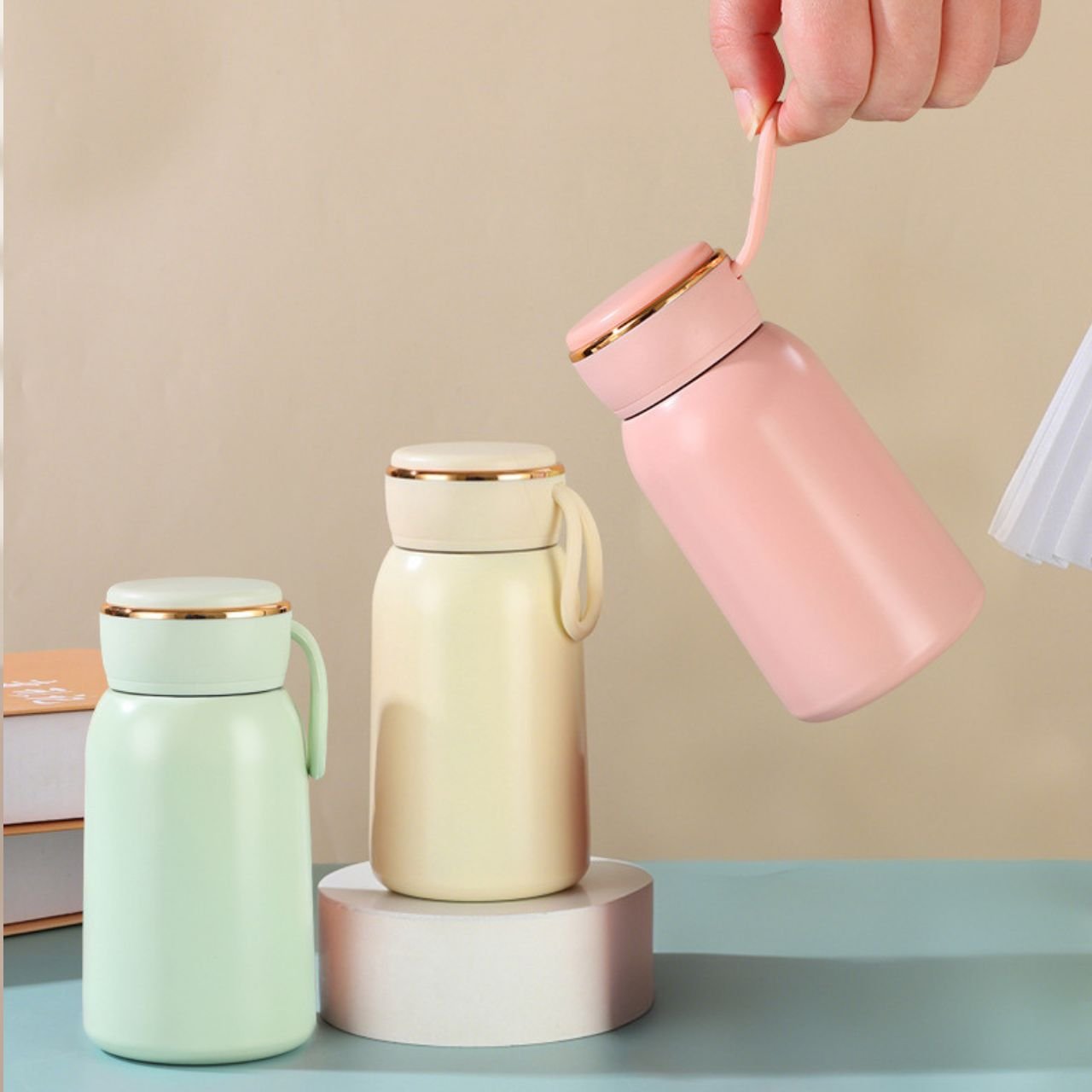 Stainless Steel Kawaii Insulated Water Bottle with Carry Strap | Portable & Leakproof | Wide Mouth | 320 ML | Assorted Colors | Box Packing - Image 2