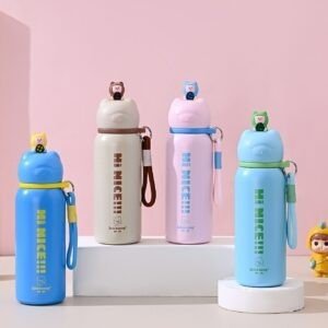 Stainless Steel Kawaii Bottle for Kids with Character Head | Double wall Insulation | Portable & Leakproof | Carry Band | 500 ML | Assorted Colors | Box Packing