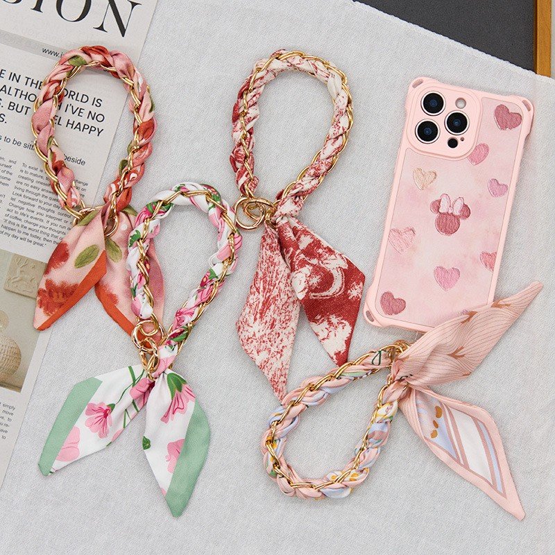 Premium Braided Silk Scarf Keychain Wristlet with Gold Chain | Fashion Handbag Mobile Phone Charm Card OPP Packing - Image 3