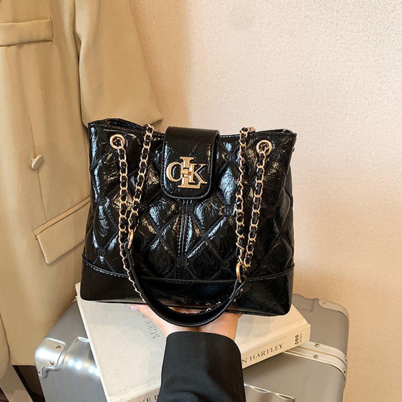 PU Leather Glossy Quilted Patent Tote Bag with Gold Chain Strap | Zip Closure | 31x24x7.5 Cm | Assorted Colors | OPP Packing
