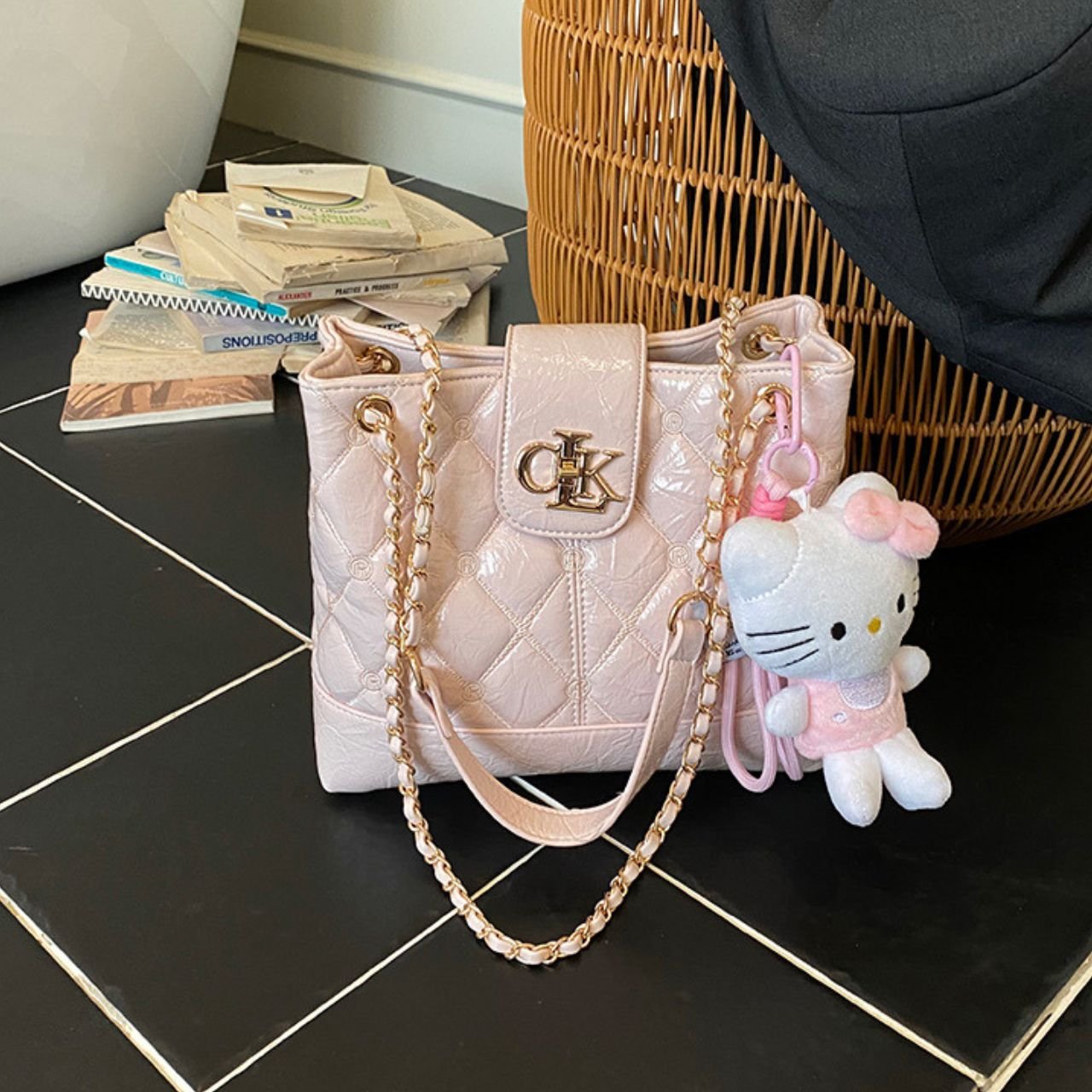 PU Leather Glossy Quilted Patent Tote Bag with Gold Chain Strap | Zip Closure | 31x24x7.5 Cm | Assorted Colors | OPP Packing - Image 2