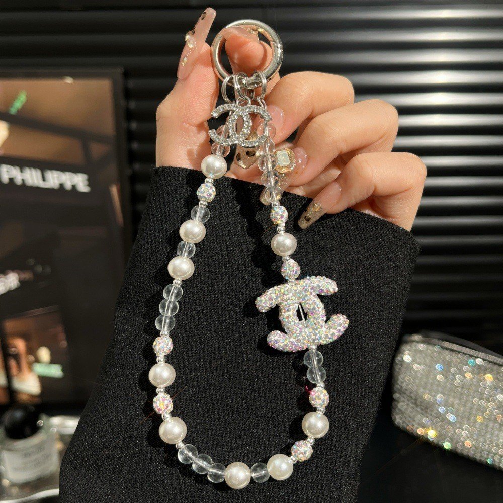 Luxury Crystal Double-C Beaded Phone Charm Strap | Elegant Pearl Designer-Inspired Mobile Wristlet Keychain Card OPP Packing - Image 4