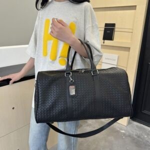 Premium Woven PU Leather Duffle Bag with Top Handle | Zip Closure | Adjustable Shoulder Strap | Unisex | 50x20x27 Cm | Black Color | OPP Packing